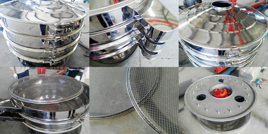 藕粉振動篩細節：鎖緊扣，出料口，防塵蓋，篩網，振動底座。