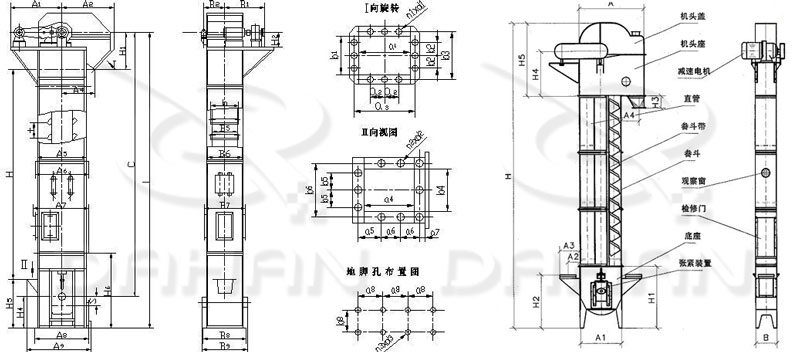 TD/D型斗式提升機基本結(jié)構(gòu):機頭蓋,機頭座,減速電機,直管,底座,緊張裝置等。