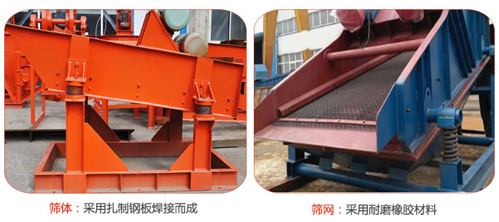 礦用振動篩特點:篩體采用扎制鋼板焊接而成,篩網采用耐磨橡膠材質
