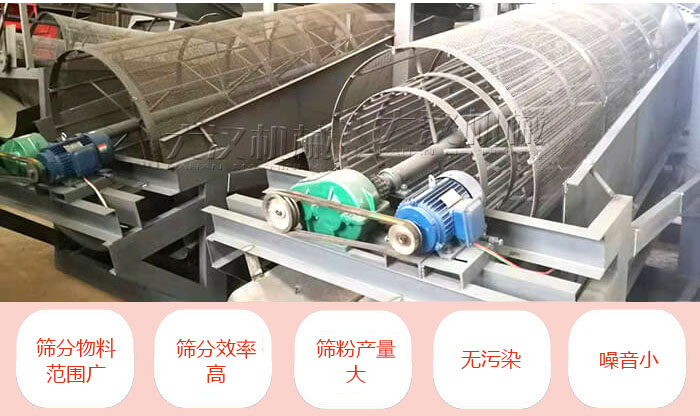 滾筒篩分機(jī)主要特點(diǎn)：篩分物料范圍廣，篩分效率高，篩分產(chǎn)量大，無(wú)污染，噪音小。
