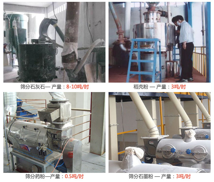 氣旋篩分機(jī)篩分石灰石,藥粉,石墨粉,稻殼粉等案例現(xiàn)場(chǎng)