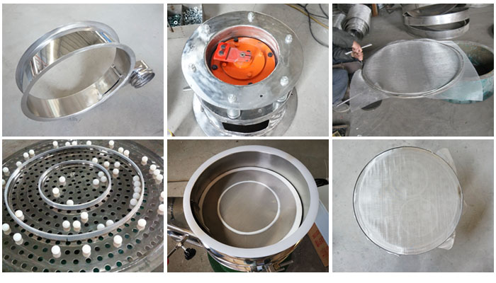 不銹鋼小型振動篩細節:振動篩篩框,振動電機座,篩網,彈跳球,密封圈,篩網網架。
