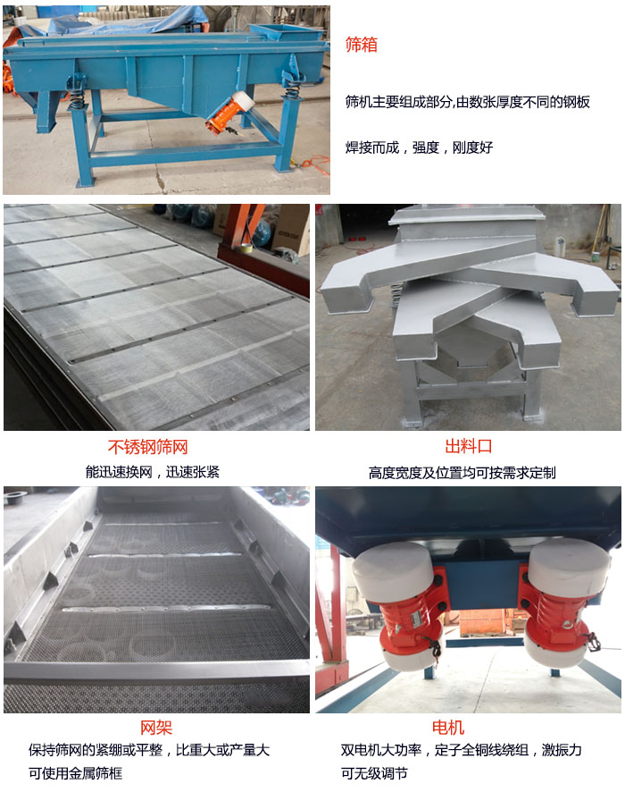 520型直線振動(dòng)篩結(jié)構(gòu)：篩箱：篩機(jī)主要組成部分，由數(shù)張厚度不同的鋼板焊制而成，強(qiáng)度，剛度好。不銹鋼篩網(wǎng)：能迅速換網(wǎng)，迅速?gòu)埦o。電機(jī)：雙電機(jī)大功率，定子全銅線繞組，激振力可無極調(diào)節(jié)。網(wǎng)架：保持篩網(wǎng)的緊繃和平整，比重大或產(chǎn)量大時(shí)可使用金屬篩框。出料口：高度寬度及位置均可按照用戶的要求來定制。