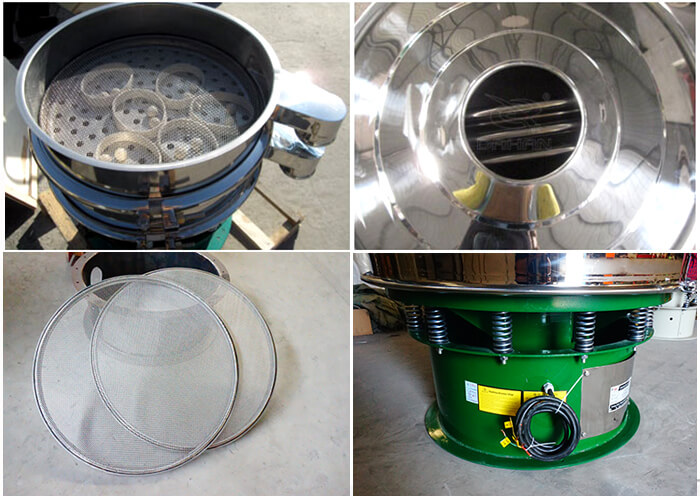 單層振動篩細(xì)節(jié)：篩網(wǎng)，進(jìn)料口，振動彈簧，彈跳球。